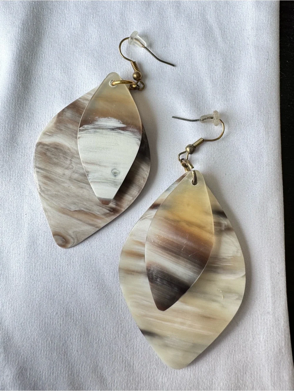 Hand Crafted Marbled Teardrop Dangle Earrings - Cream, Brown, Tan